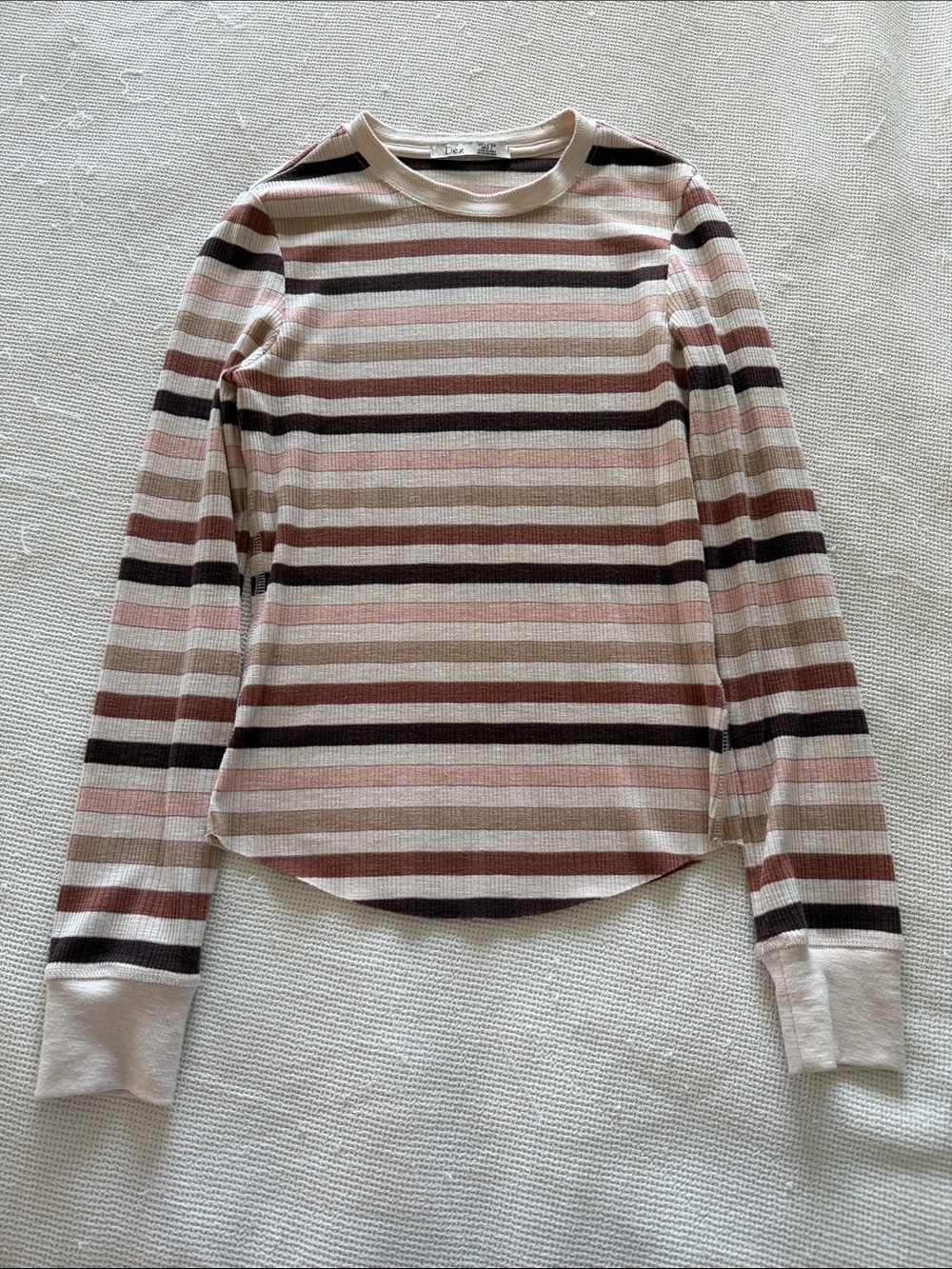 Dex Striped Long-Sleeve Crewneck in Cream, Pink and Brown